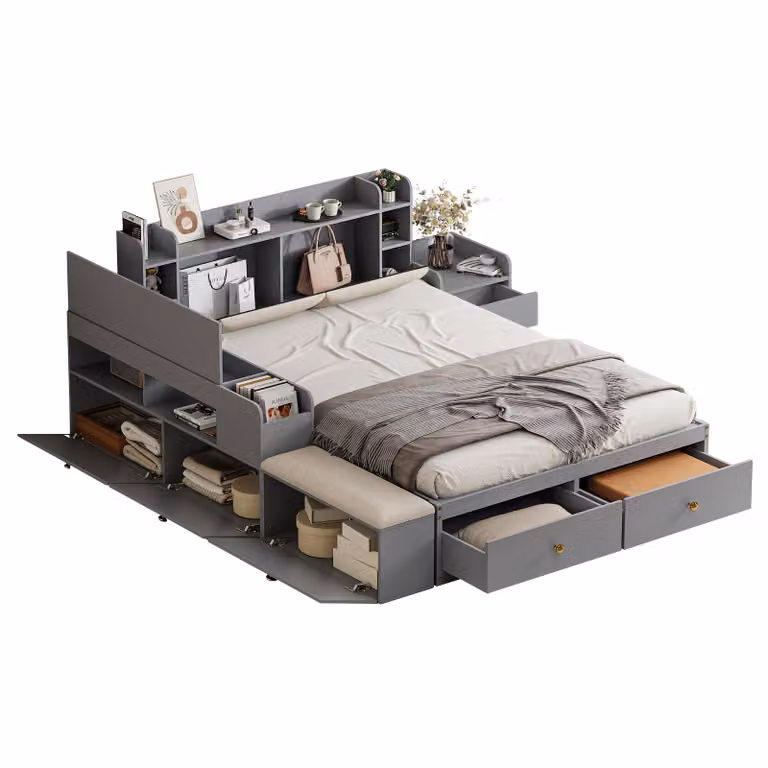 Letto contenitore in legno massello, dimensioni 140x200 cm, colore grigio, con testiera imbottita, cassetti e vani portaoggetti, ideale per la camera da letto