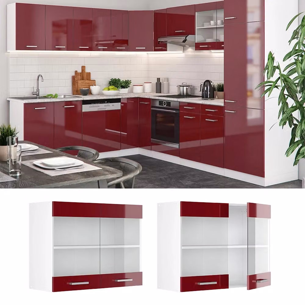 Pensile da cucina moderno Vicco R-Line con ante in vetro, Rosso lucido/Bianco/Grigio, L: 80 cm, H: 60 cm, P: 31 cm – 2