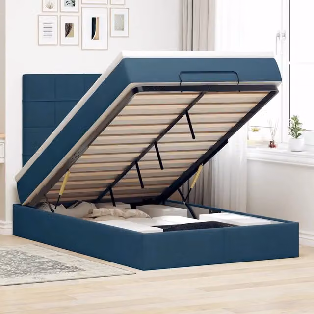 Letto con contenitore a sollevamento vidaXL in velluto blu e bianco L: 200 cm, P: 120 cm, H: 193 cm – 1