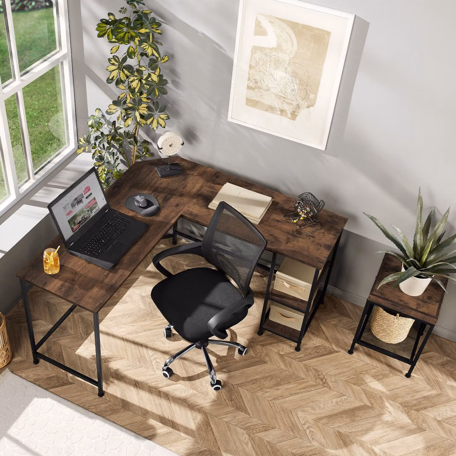 Scrivania angolare TecTake GmbH in stile industriale, colore marrone e nero, L/P/H: 138 x 138 x 75,5 cm – 3