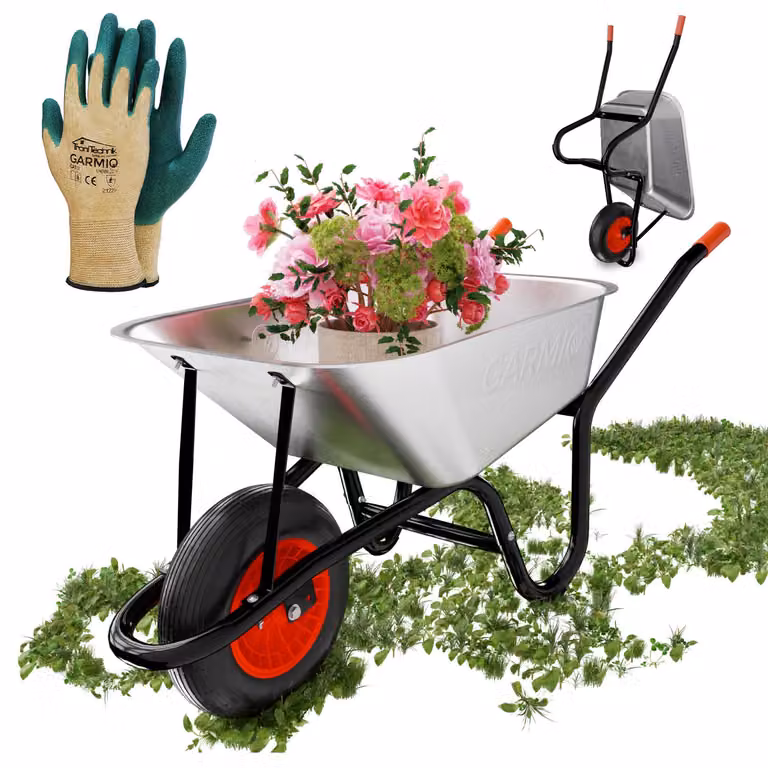 GARMIO® Carrello da giardino da 85 litri, capacità fino a 160 kg, ideale per giardinaggio e lavori edili, con pneumatici ad aria e cerchi in lega - vasca in acciaio zincato