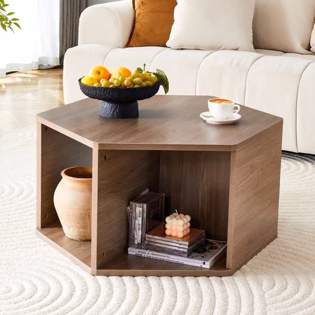 Tavolino da caffè moderno WISHDOR in MDF marrone con finitura effetto venatura noce e gambe cilindriche, L: 79 cm, P: 69,4 cm, H: 40 cm