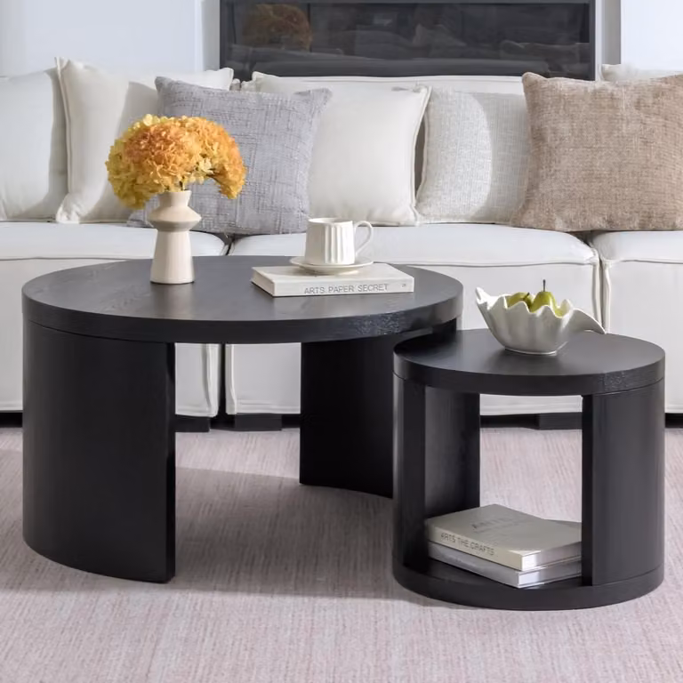 Set di tavolini da caffè rotondi, 2 pezzi, diametro 80/46 cm, colore nero, piano liscio