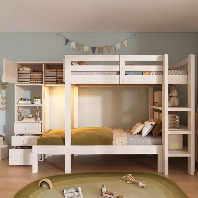 Letto a castello sfalsato 90x200 cm con luce notturna LED; armadio e scaffali; bianco