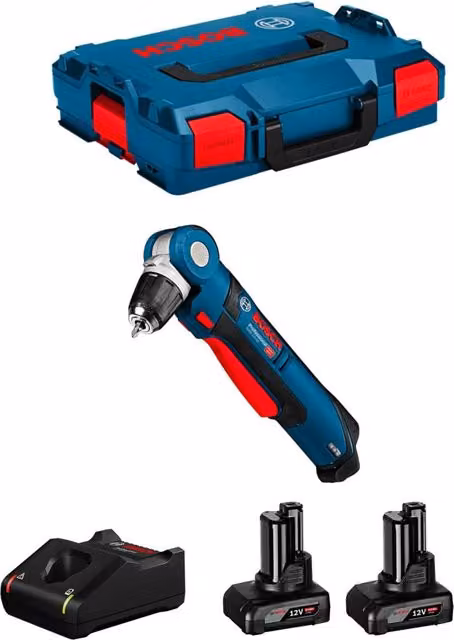 Trapano ad angolo Bosch GWB 12V-10 blu con 2 batterie da 6,0 Ah, caricabatterie GAL12V-40 e custodia L-Boxx 102