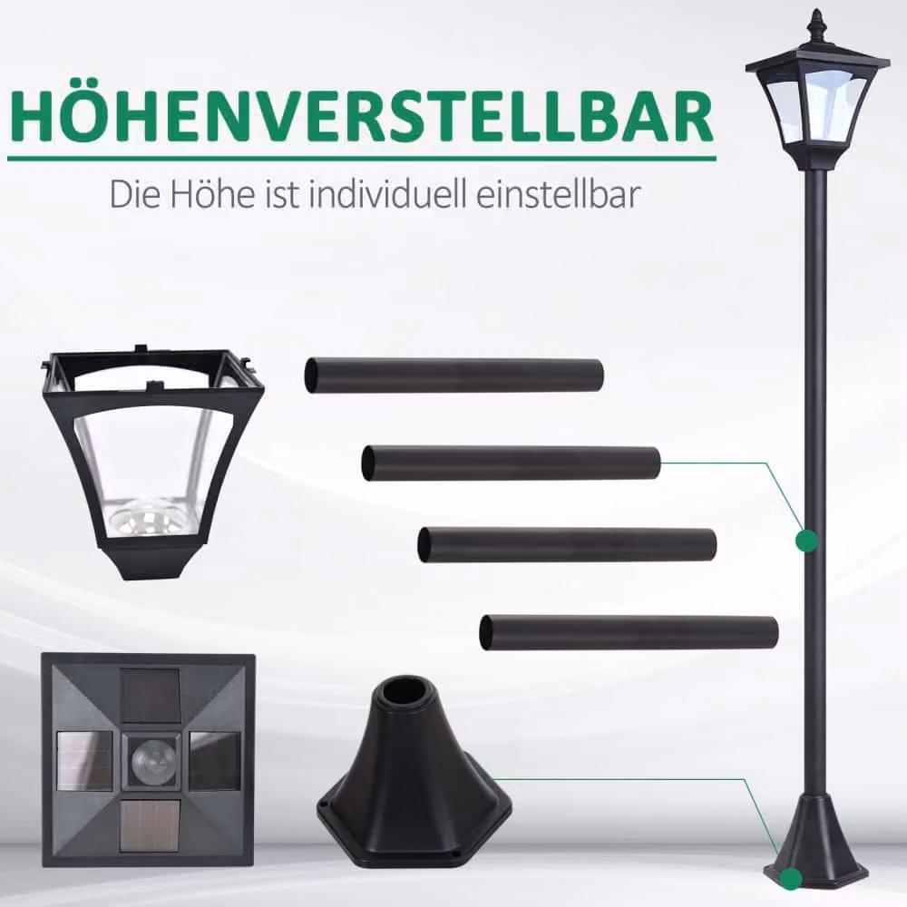 Lanterna da giardino a energia solare AIORBER, luci da giardino, sensore di luce automatico, resistente alle intemperie, IP44, 30 lumen, 15 x 15 x 120 cm, nero