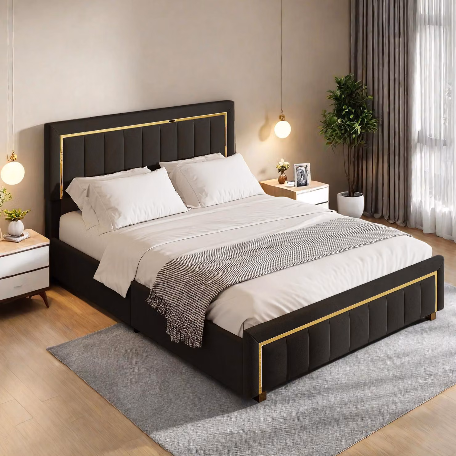 Letto imbottito - Letto matrimoniale 140 x 200 cm - Con spazio contenitore - Cassetto contenitore con sistema idraulico - Poggiatesta regolabile - Rivestimento in velluto - Colore nero