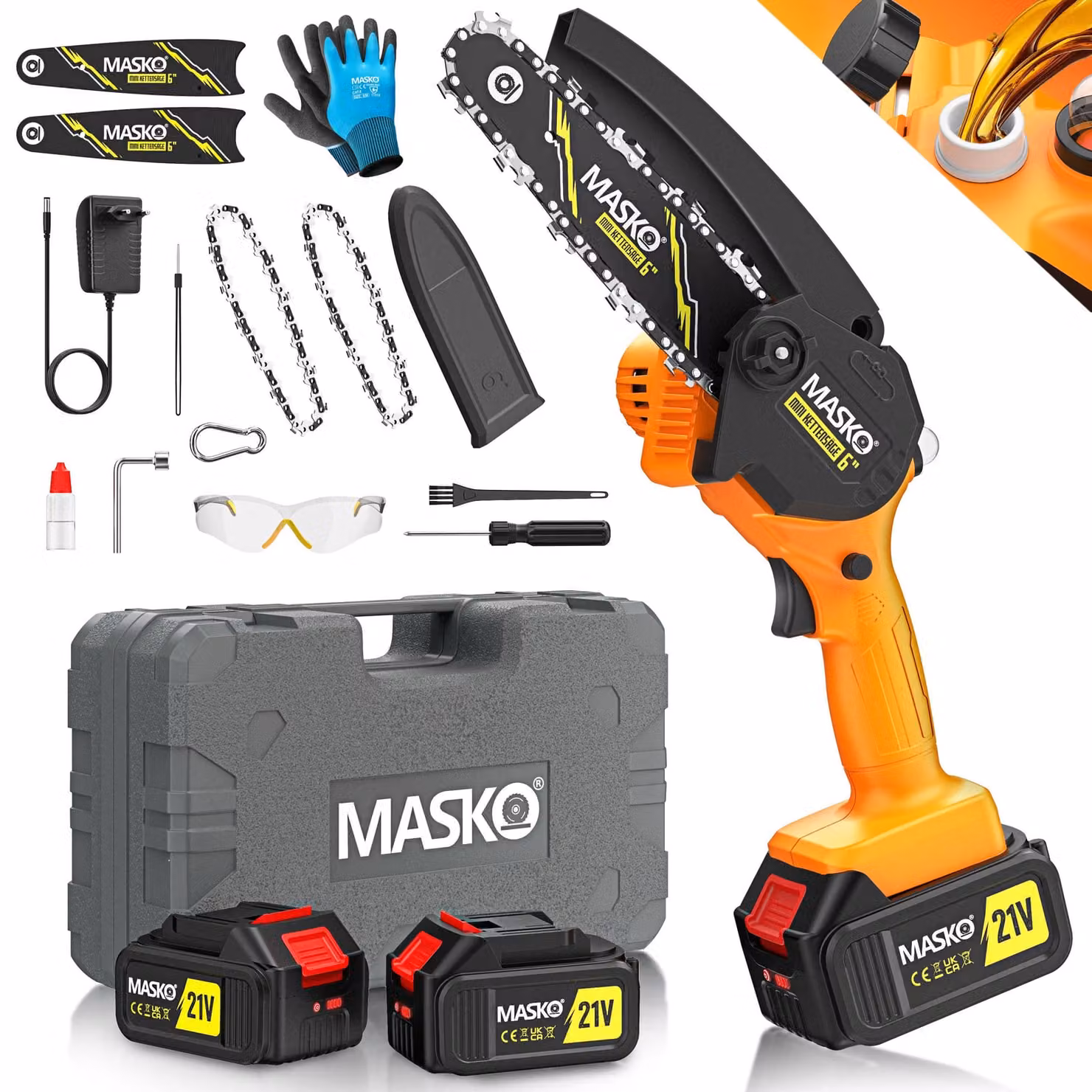 Mini motosega MASKO® con batteria da 8000 mAh | Motosega elettrica portatile con 2 batterie da 4000 mAh per potatori/tagliarami/taglio del legno | Motosega da 800 W con sistema di lubrificazione automatico