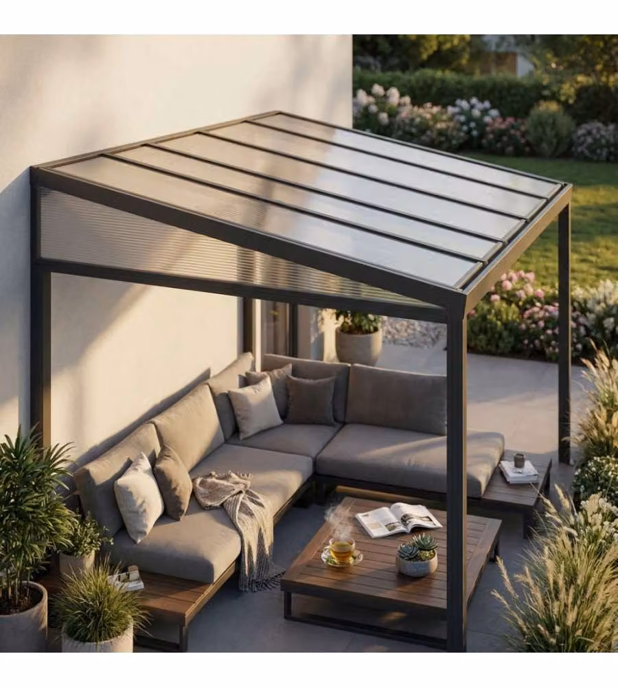 Veranda - Addossata in policarbonato grigio scuro 4,3 x 3 metri rettangolare