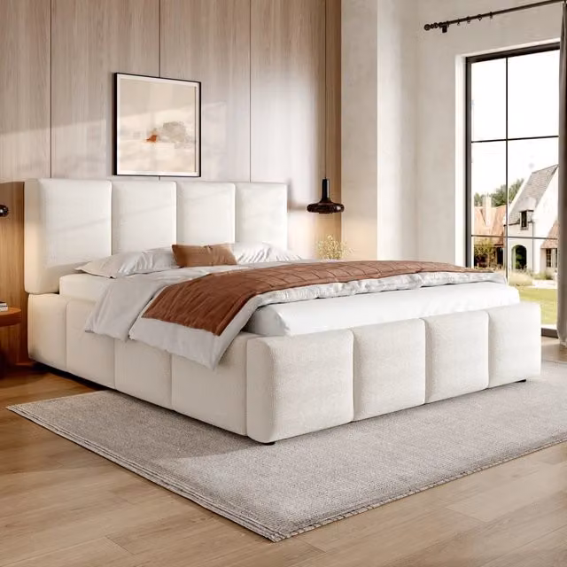 Letto matrimoniale imbottito WISHDOR con rete a doghe e testiera in bouclé beige L/P: 180 x 200 cm