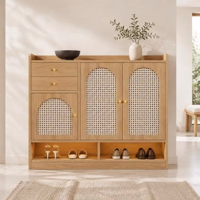 Mobile porta scarpe con 3 ante in rattan, 2 cassetti e illuminazione LED, effetto legno, 120x35x100 cm