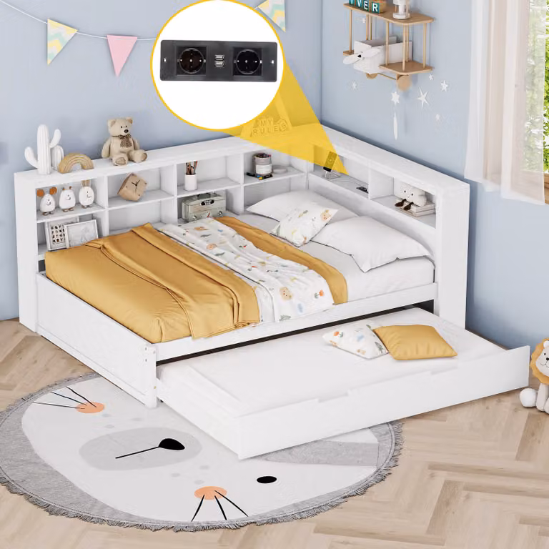 Flieks divano letto divano letto in legno 140x200cm con letto estraibile, letto matrimoniale letto per ragazzi con USB e ripiano, letto per bambini letto da giorno letto funzionale bianco