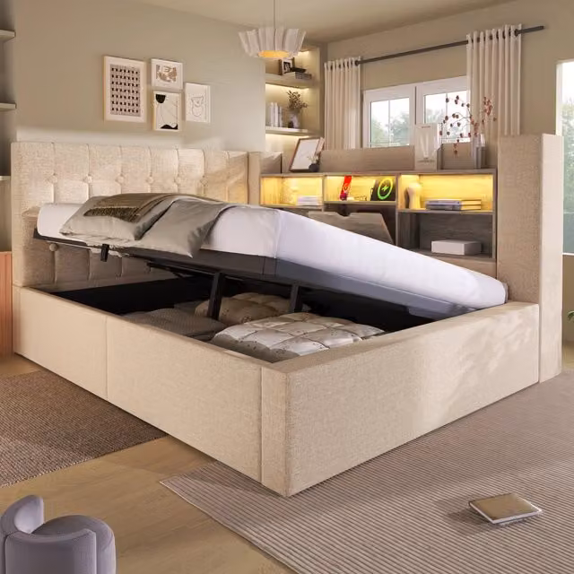 letto imbottito lino beige 140 x 190 cm