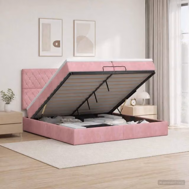 Letto ottomano con contenitore vidaXL in velluto rosa e bianco con materasso a molle L/P/H: 203 x 200 x 88 cm