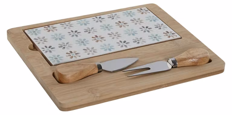 Set da aperitivo con vassoio in bambù e piattino in gres, dimensioni 24,5x20x1,2 cm