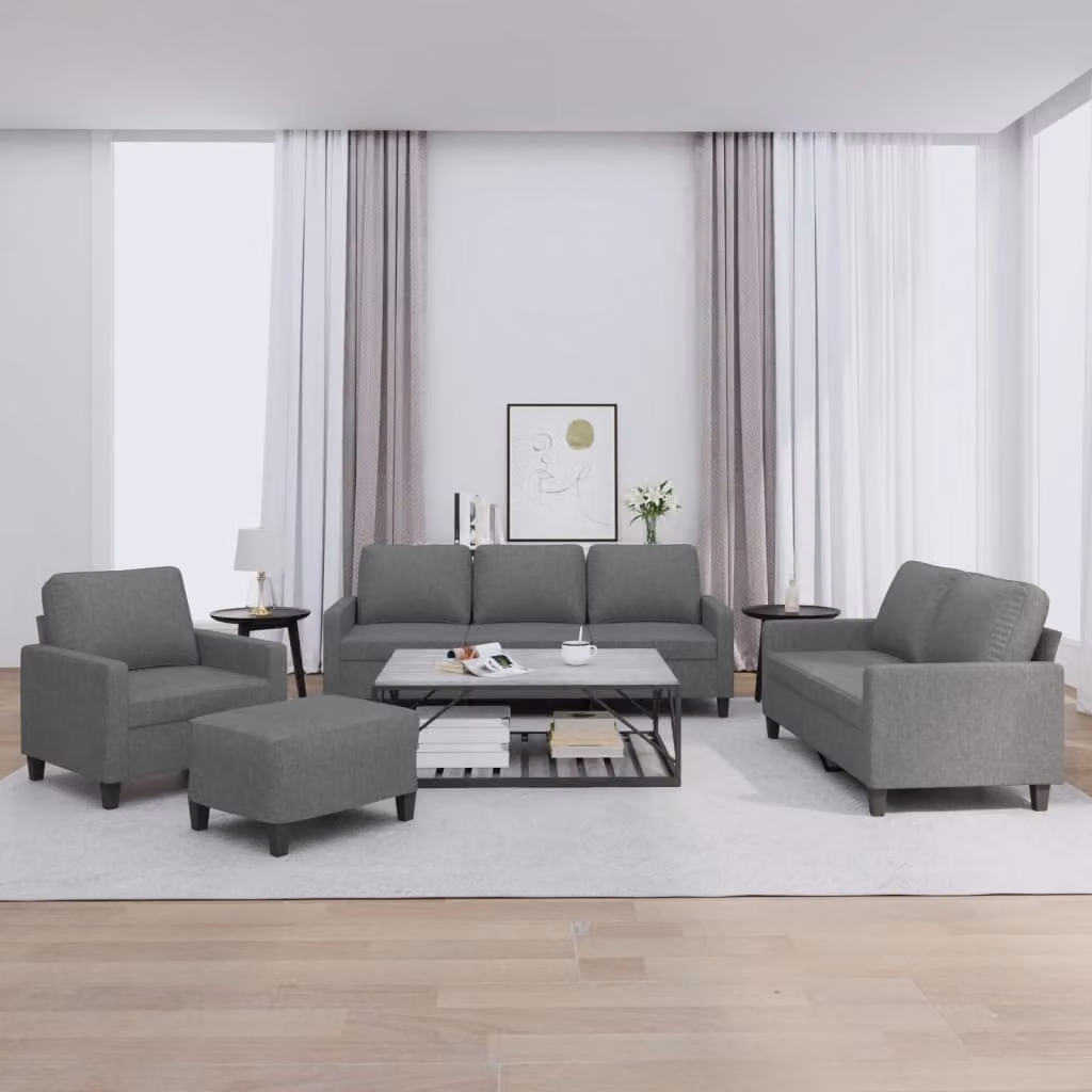 Set di divani 4 pezzi vidaXL in tessuto grigio con cuscini e pouf per soggiorno – 1