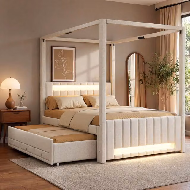 Letto a baldacchino imbottito 140x200 cm con letto estraibile; 3 cassetti e LED; beige