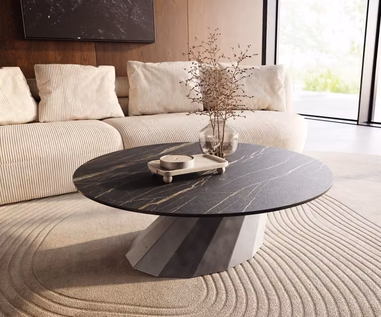 DELIFE Tavolino Edge rotondo 100x100 cm Vetroceramica Laminam® Noir Desir Marrone Parabi Argento metallizzato