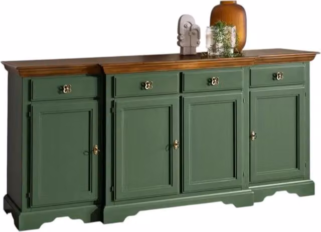 Madia credenza shabby chic con 4 porte e 4 cassetti in legno verde e noce Mobili 2G L/P/H: 200 x 45 x 93 cm – 4