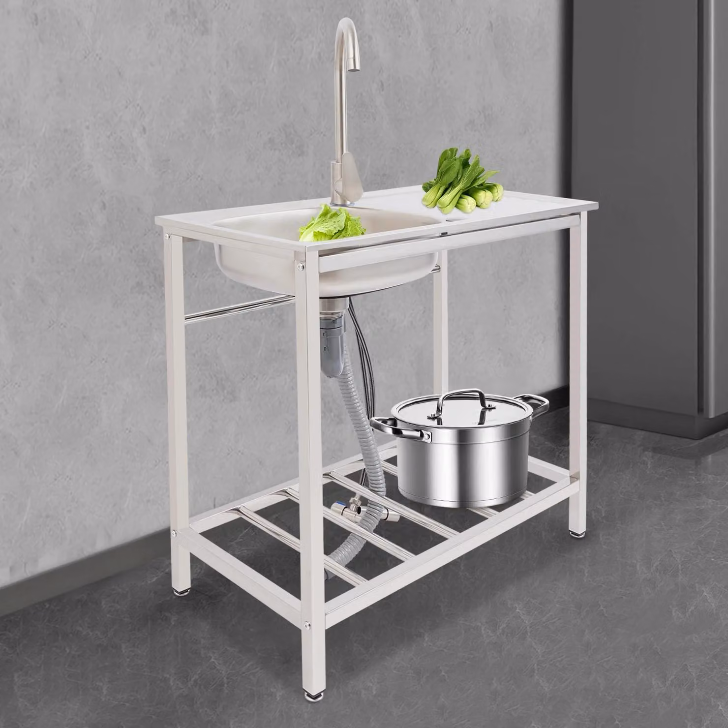 Lavello a colonna - Lavello a una vasca - 75×40×75 cm - Acciaio inox - Con rubinetto - 1 foro - Montaggio - Grigio chiaro