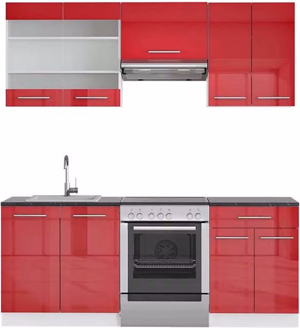 Cucina componibile moderna Fame-Line Vicco, Bordeaux lucido e Bianco con piano Antracite, L: 200 cm – 1
