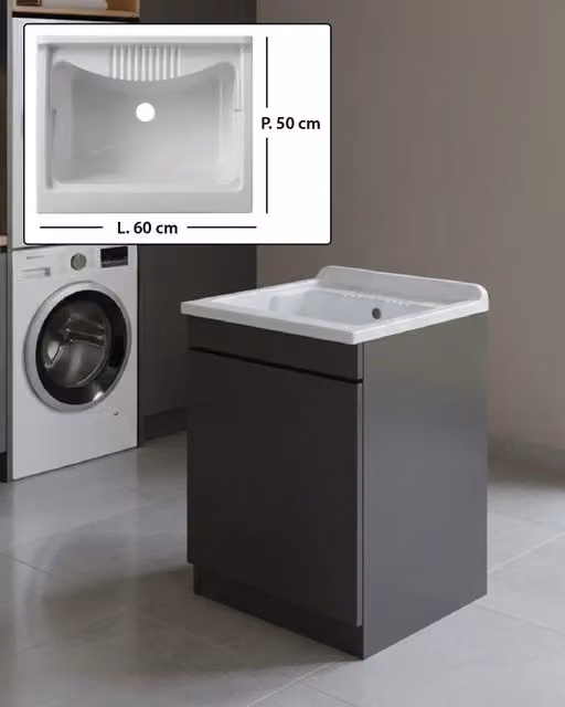 Mobile Lavatoio in legno Nobilitato Grigio con uno sportello e pilozzo lavabo in resina x lavanderia bagno Dimensioni (Larghezza x Profondità): L 60 x P 50 cm