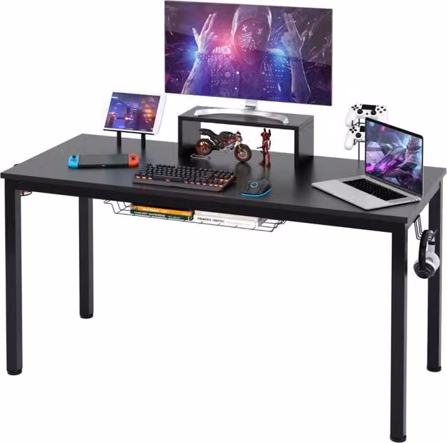 Scrivania da gioco con mensola per monitor portabicchieri gancio per cuffie cestino portaoggetti, Tavolo largo-Scrivanie