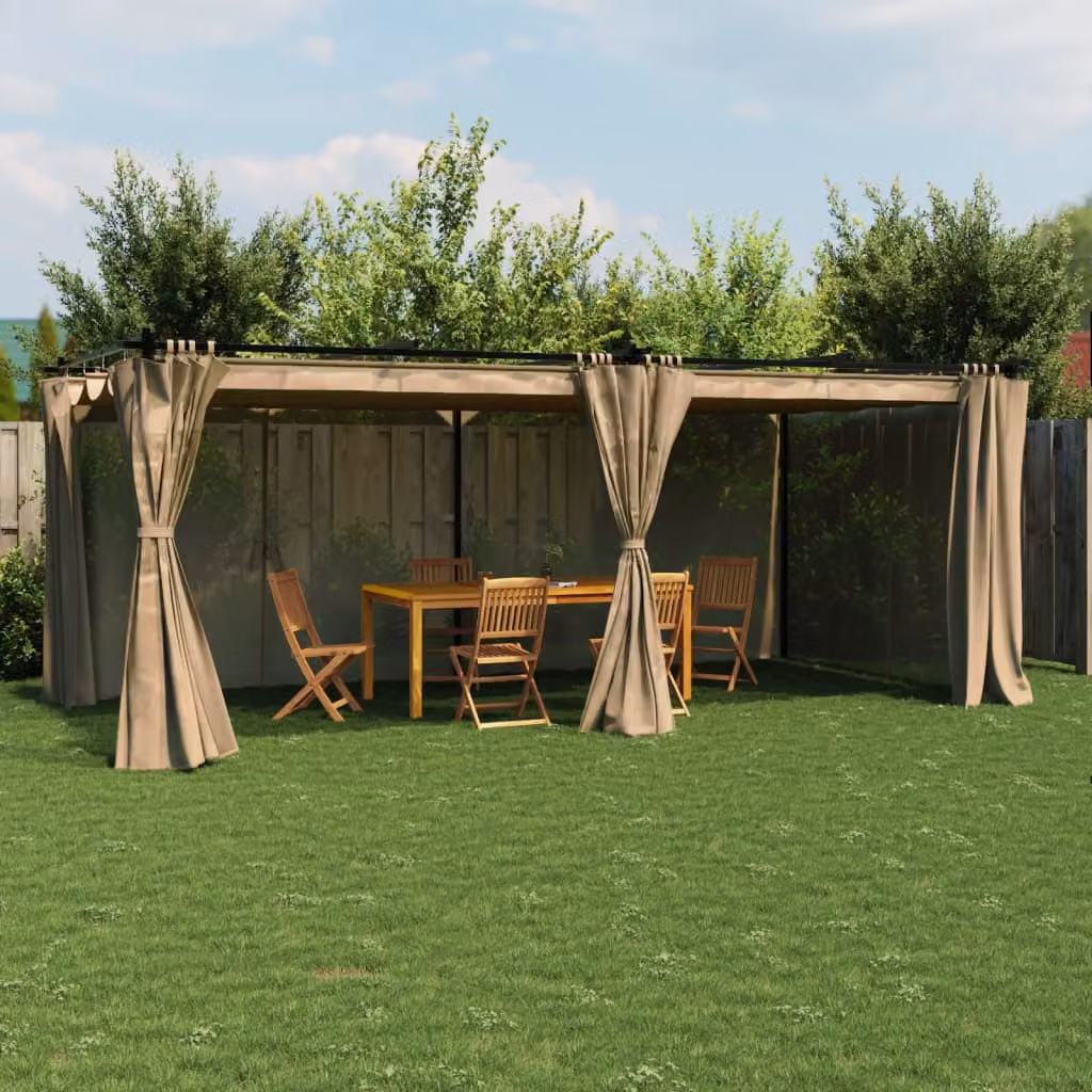 vidaXL Gazebo moderno con tende in poliestere in acciaio e alluminio, colore tortora