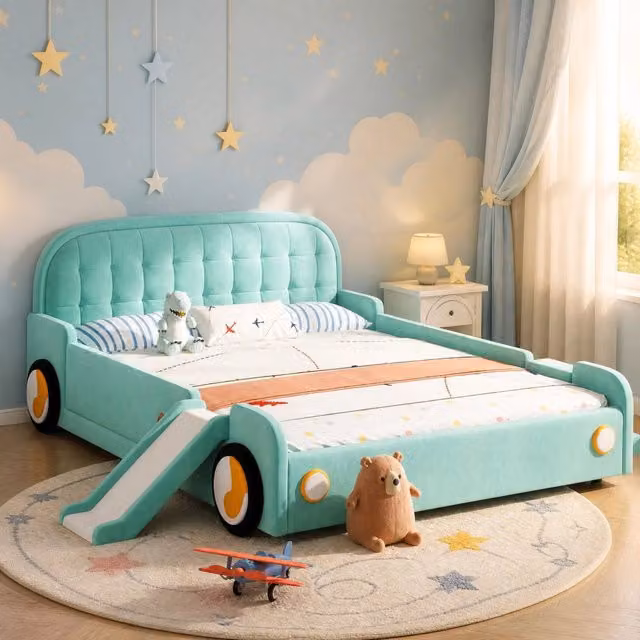 Letto bambini a forma di auto con scivolo e scala, 140x200 cm, blu-verde, montaggio flessibile lato destro/sinistro, con imbottitura morbida e protezioni laterali