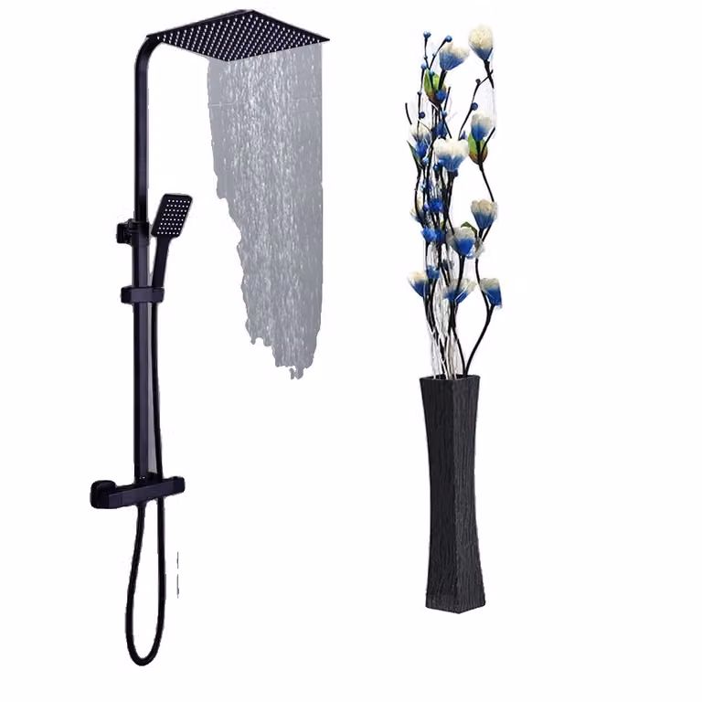 Set doccia nero con termostato, 30x30 cm, soffione a pioggia, funzione di protezione contro le scottature, colore nero