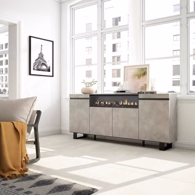 Credenza, Mobile, 200x35x87cm, 4 Porte, Camino elettrico, Design industriale, grigio cemento RF2287