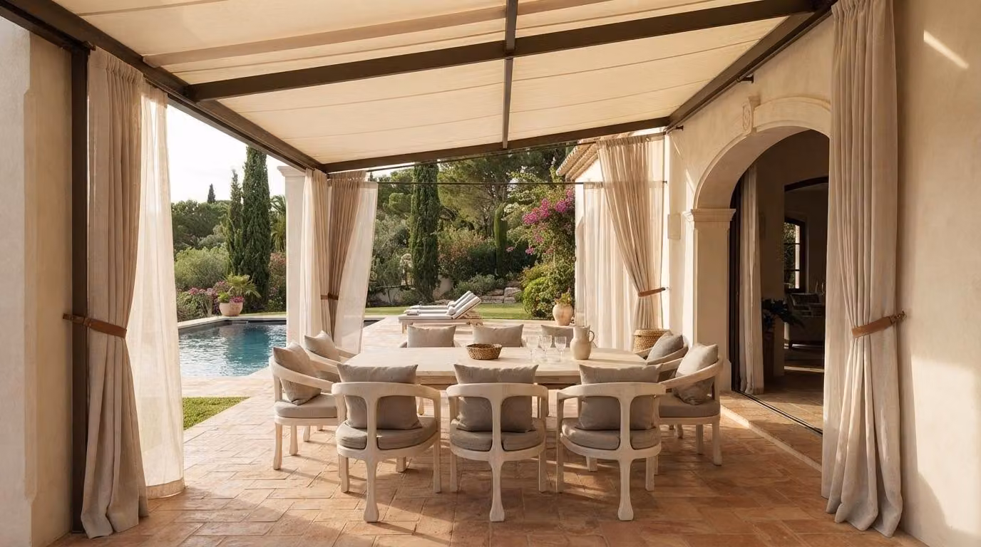 Set da terrazzo color beige, composto da un elegante tavolo in legno e 8 sedie in tessuto, design di alta qualità