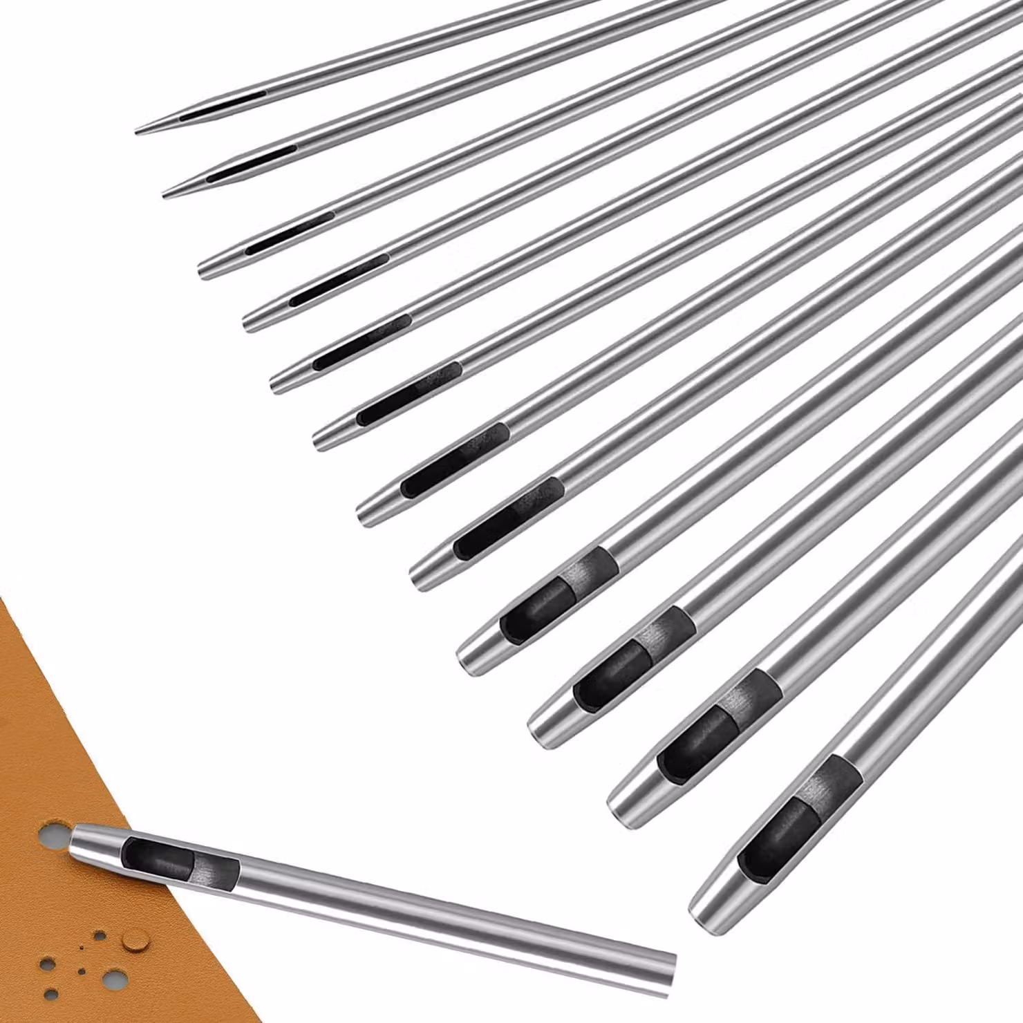 Set di 12 punteruoli cavi, da 0,5 mm a 6 mm, in acciaio, per la lavorazione del cuoio, cinture e tela