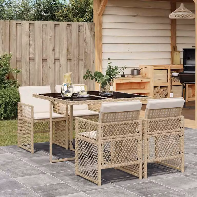Set da Pranzo da Giardino vidaXL in Polyrattan con Cuscini Beige e Piano in Vetro