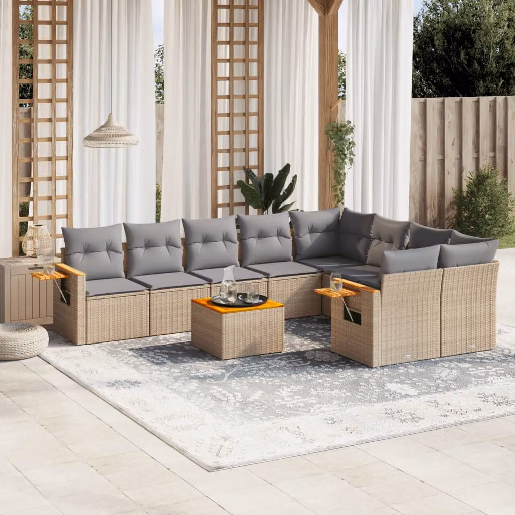 vidaXL Set Divano da Giardino a L 10 pz in Polyrattan con Cuscini Beige e Grigio – 1