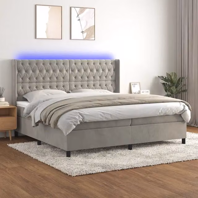 Letto matrimoniale moderno vidaXL in velluto grigio con illuminazione LED sottostante e porte USB, struttura in legno e materasso ibride, L/P/H: 200 x 200 x 203 cm