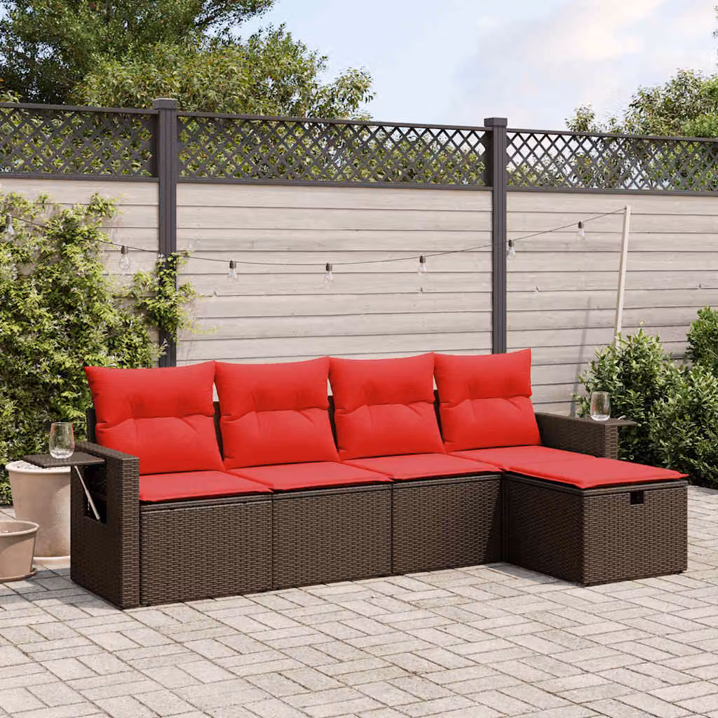 Set di divani da giardino vidaXL a forma di L composto da 5 pezzi con cuscini marroni e rossi in polyrattan e struttura in acciaio rivestito