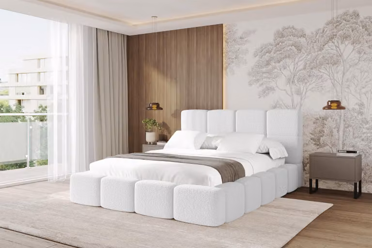 Letto imbottito ALTDECOR con contenitore - NATA 200x200 bianco, letto con testiera, letto contenitore senza materasso, letto matrimoniale con contenitore