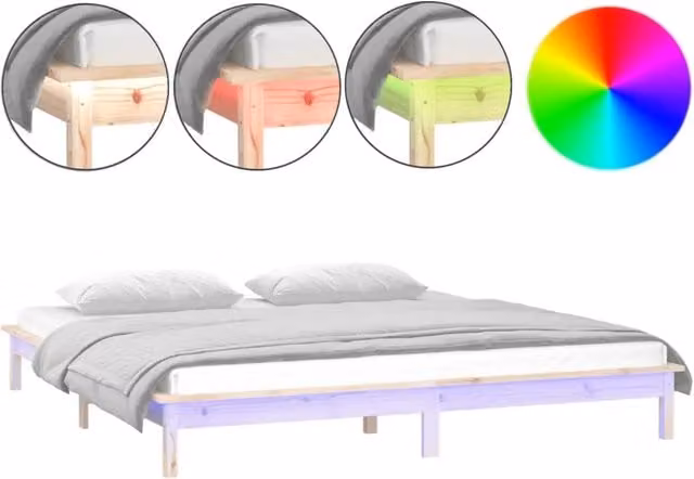 Letto matrimoniale in legno massello di pino con illuminazione LED e porta USB, stile rustico, L/P: 140 x 190 cm – 1