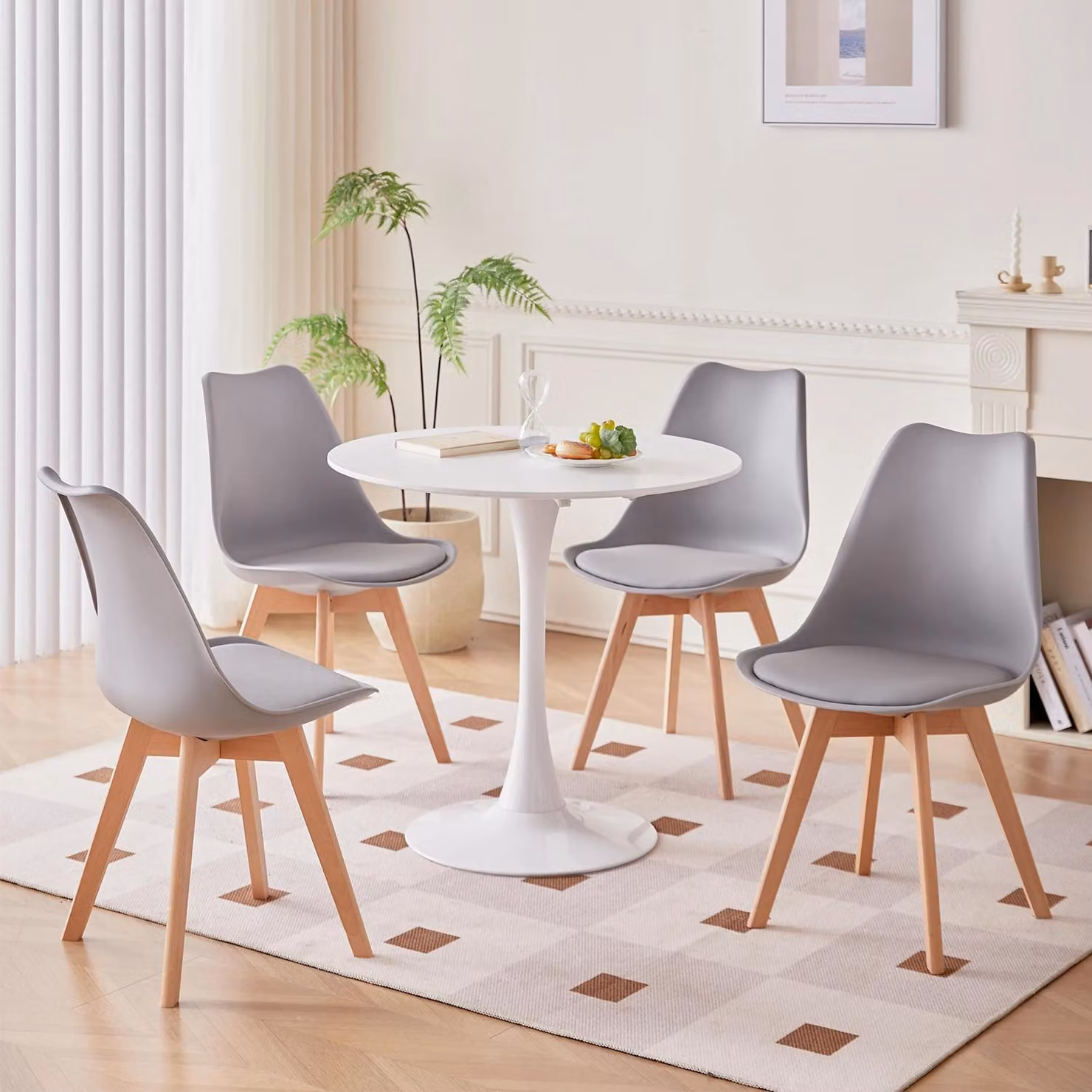 Gruppo tavolo da pranzo - Tavolo rotondo con 4 sedie - 80 cm di diametro - Realizzato in legno di faggio massello - Sedute imbottite in poliuretano - Stile moderno e minimalista - Colore grigio