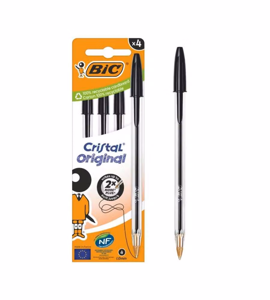 BIC Cristal Penne Nere 4pz - Scrittura Fluida - Design Iconico - Ecologico