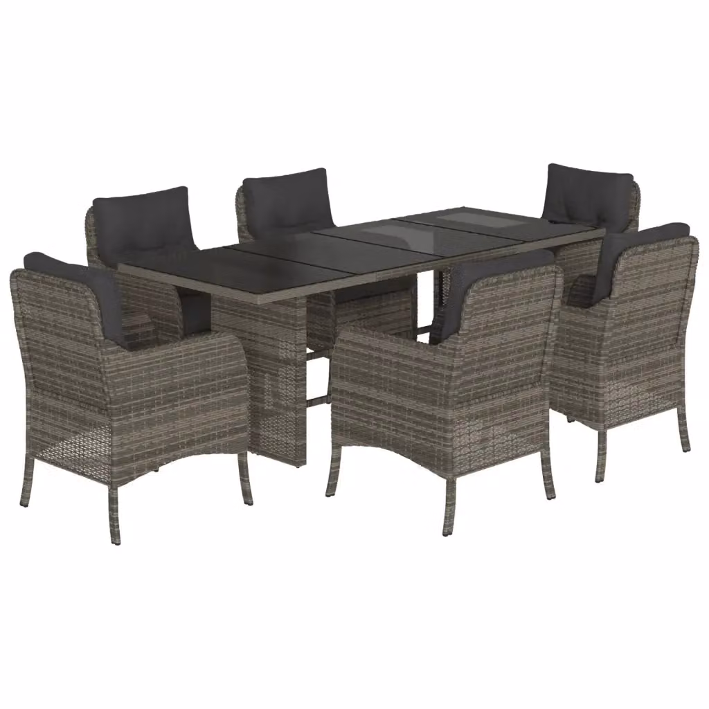 Set da pranzo da giardino vidaXL in polyrattan grigio con cuscini e tavolo in vetro, 7 pezzi – 2