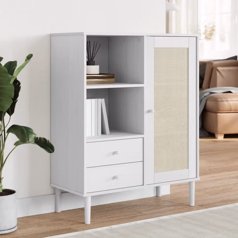 Credenza vidaXL SENJA in legno di pino massello con aspetto rattan, colore bianco, L 90 cm, P 40 cm, H 112 cm