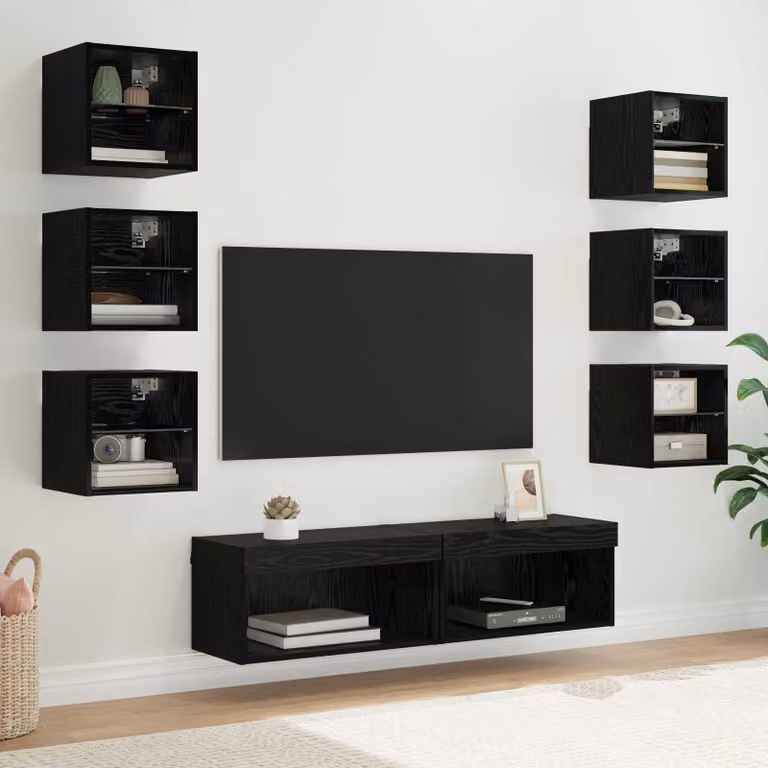 Mobile TV moderno vidaXL in rovere e vetro nero con illuminazione LED integrata