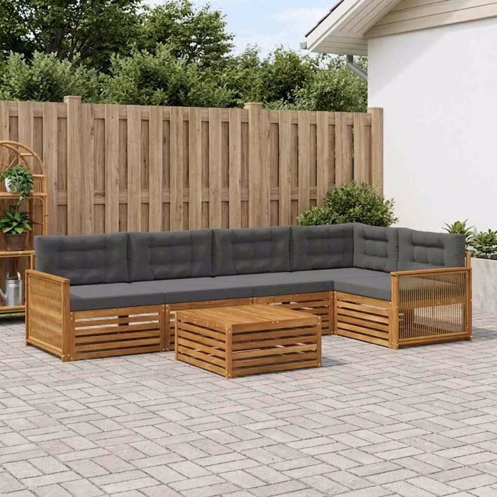 Set di divani da esterno vidaXL 6 pz in legno di acacia con tavolo da caffè e cuscini, design moderno a L, colori beige e antracite