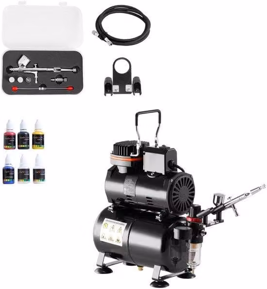 Kit per verniciatura ad aria compressa, completo di compressore e serbatoio, set di 3 ugelli, vernice acrilica e pistola a spruzzo