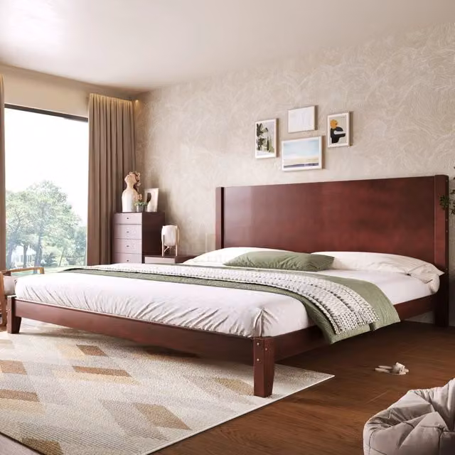 Letto a piattaforma 180x200 - Zephmum- con testiera e rete a doghe, marrone