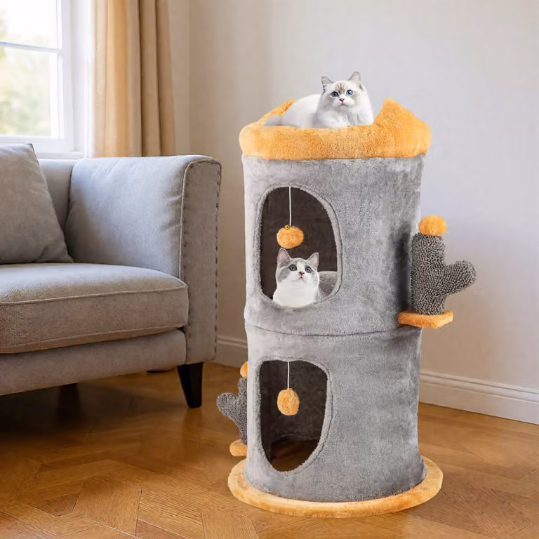 Albero per gatti Costway grigio con 2 casette e piattaforma imbottita in peluche a 2 piani