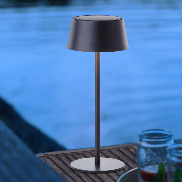 BRILLANTE lampada da tavolo solare nera per esterni PICCO | ricaricabile tramite energia solare e USB | 4W 300lm 3000K | metallo/plastica