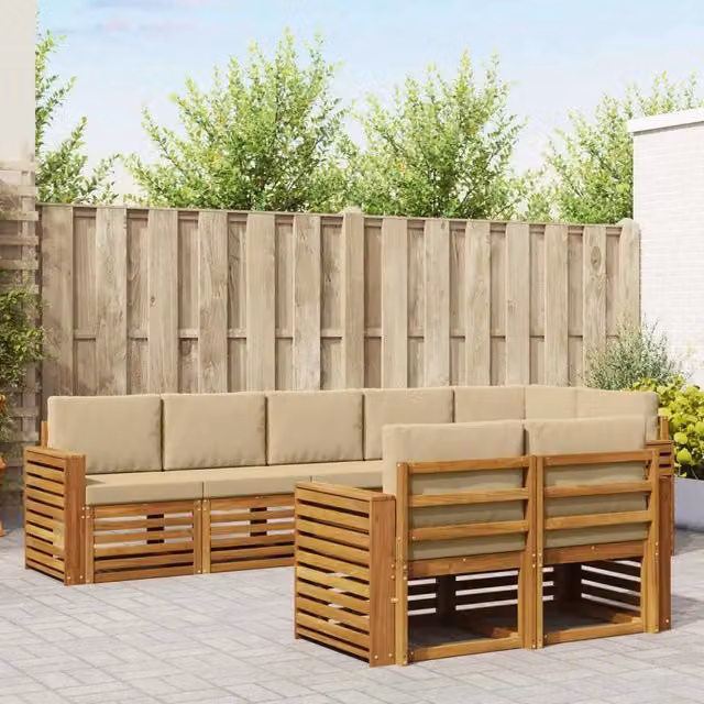 Set di divani da esterno a L vidaXL in legno di acacia con cuscini beige e marrone